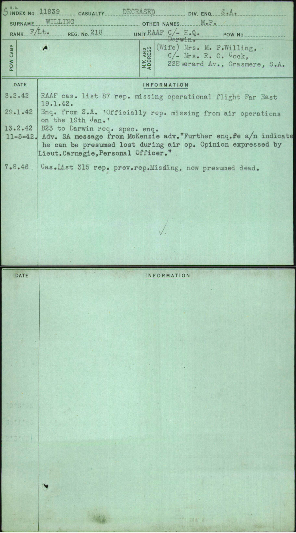 Willing, M P, 218