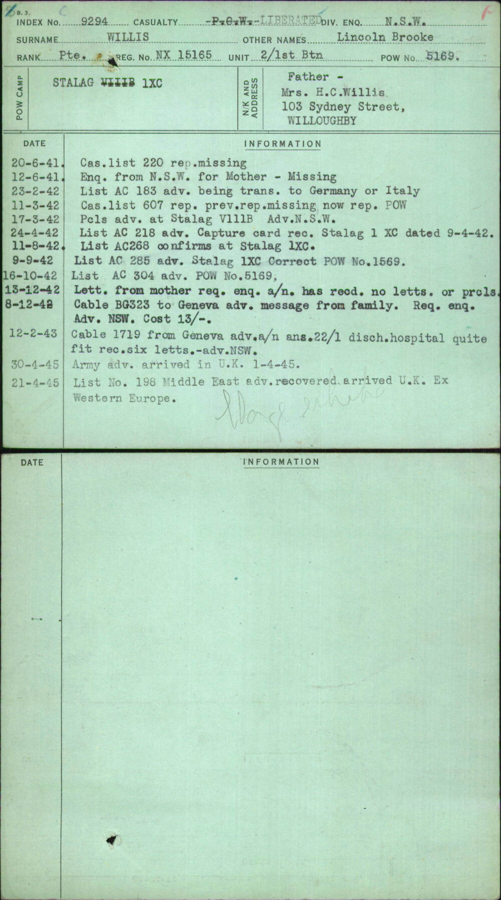 Willis, Lincoln Brooke, NX15165
