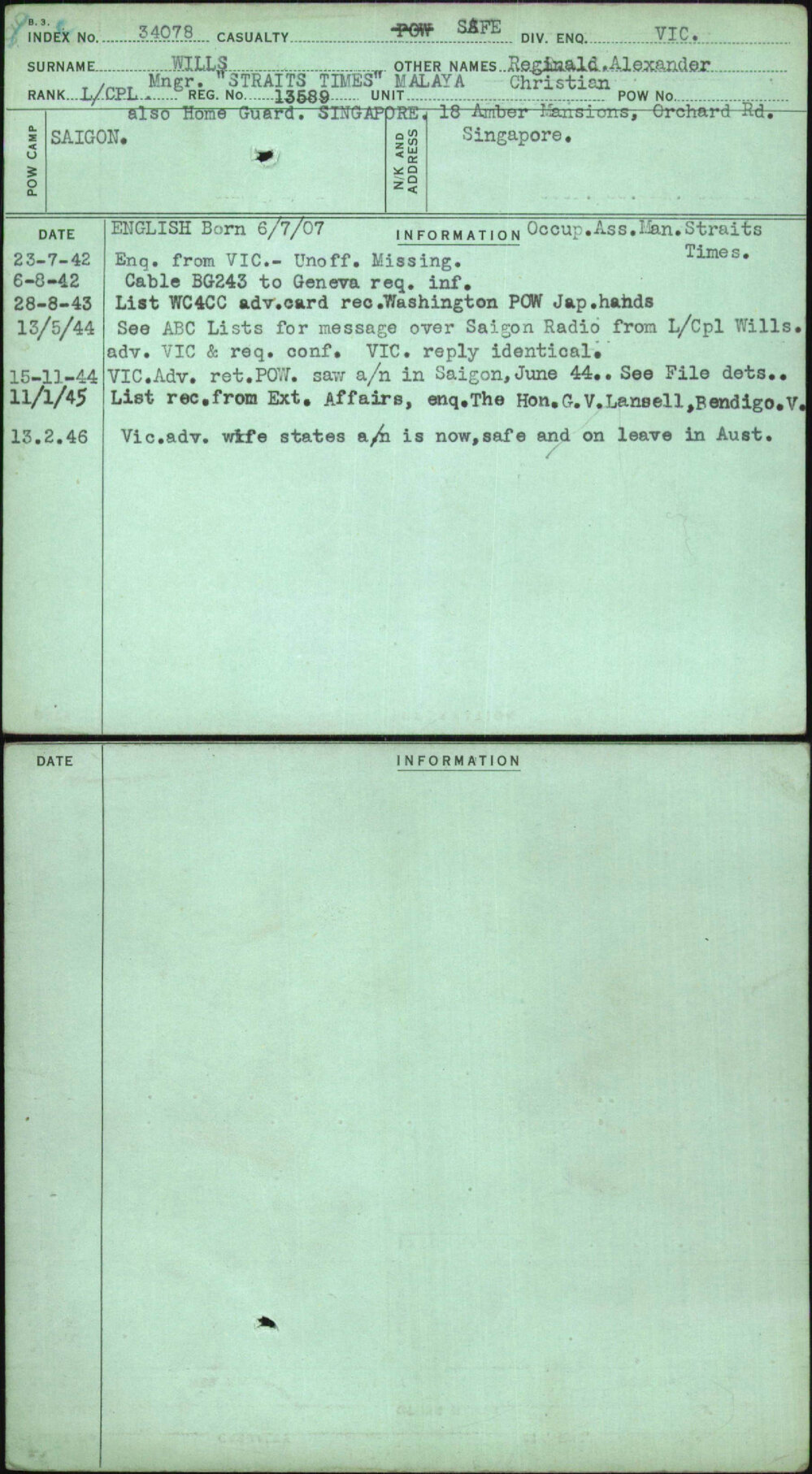 Wills, Reginald Alexander Christian, 13589