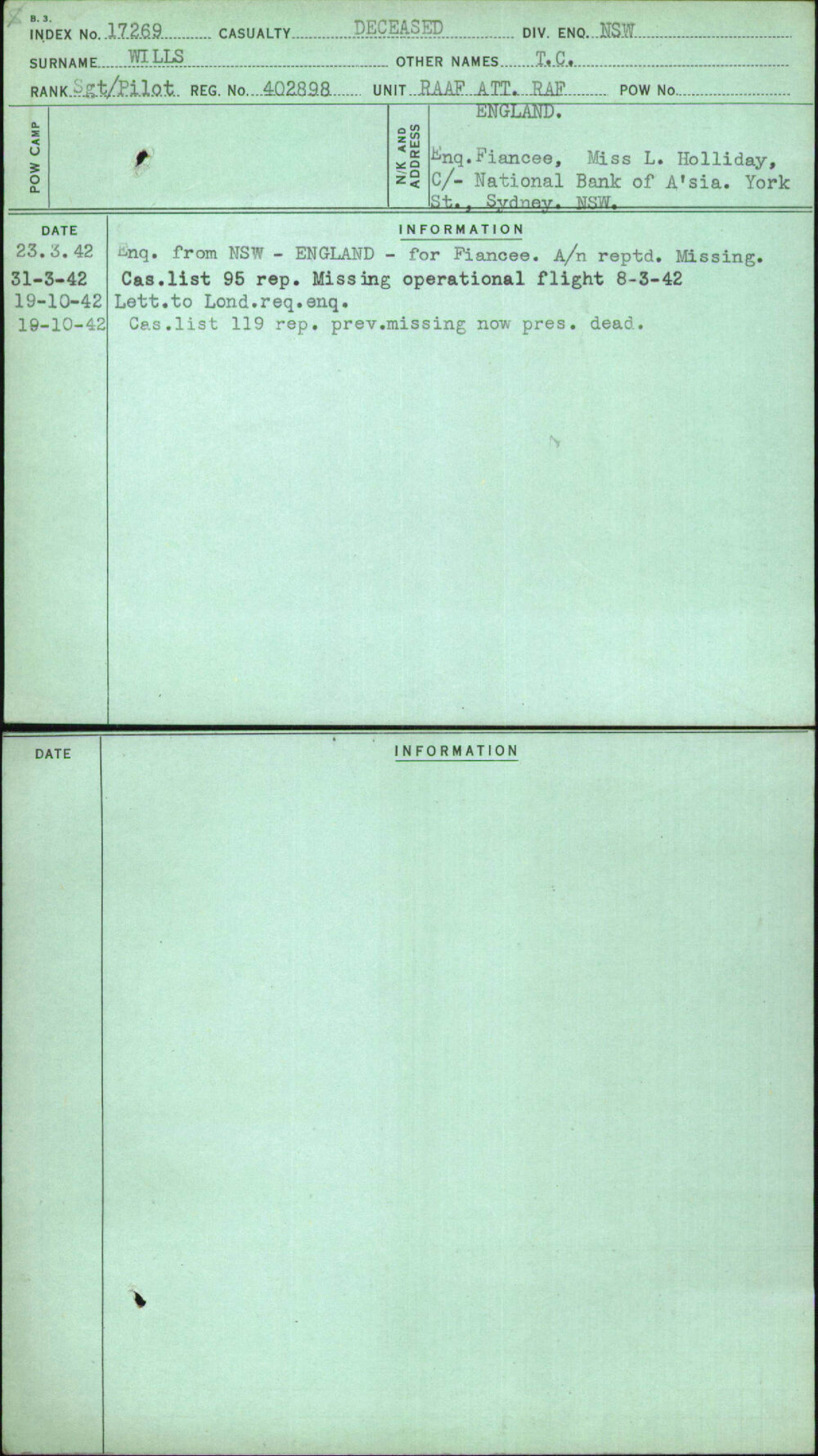 Wills, T C, 402898