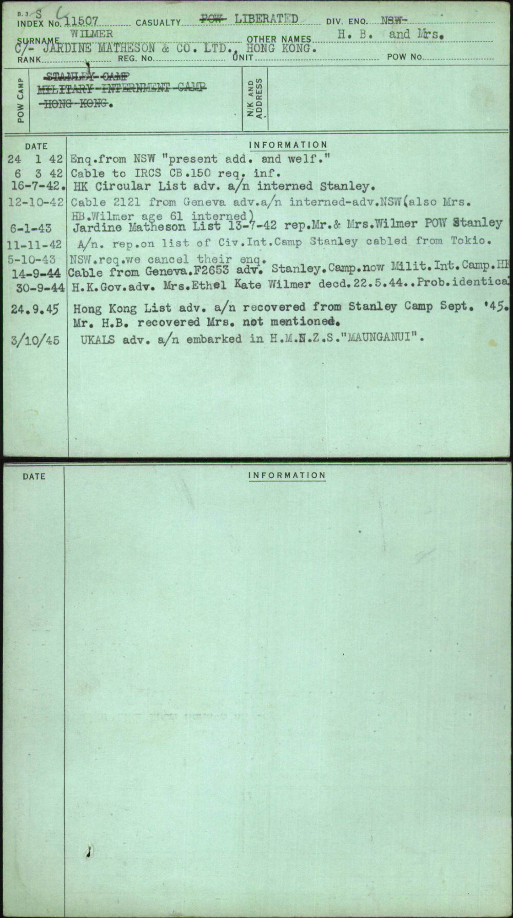 Wilmer, H B And Mrs, [No Service Number]