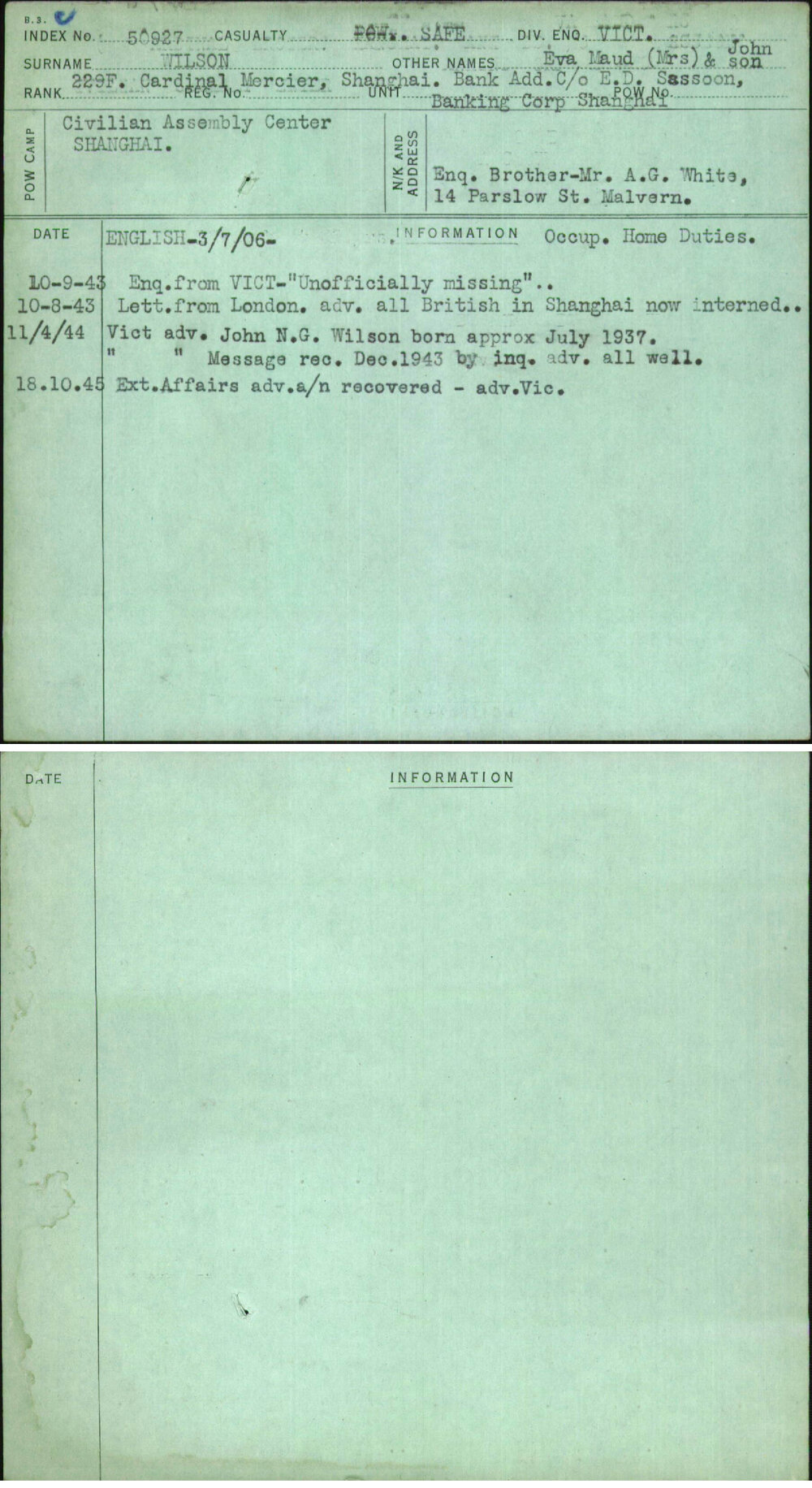 Wilson, Eva Maud (Mrs) &amp; Son John, [No Service Number]