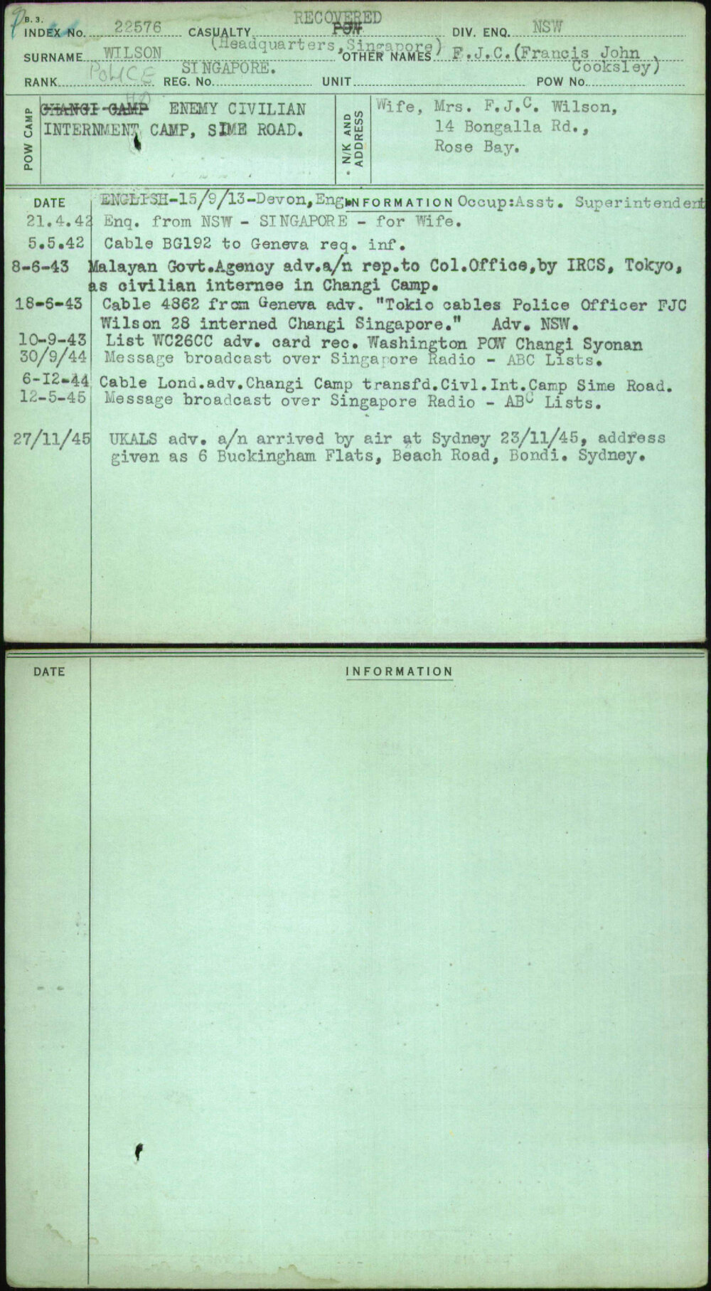 Wilson, F J C (Francis John Cooksley), [No Service Number]