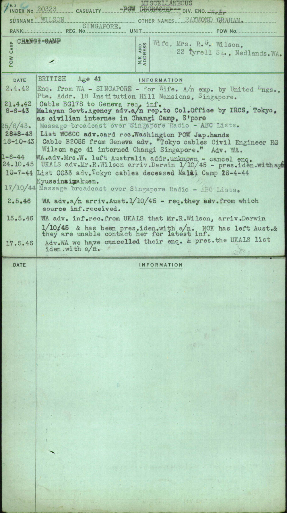 Wilson, Raymond Graham, Singapore