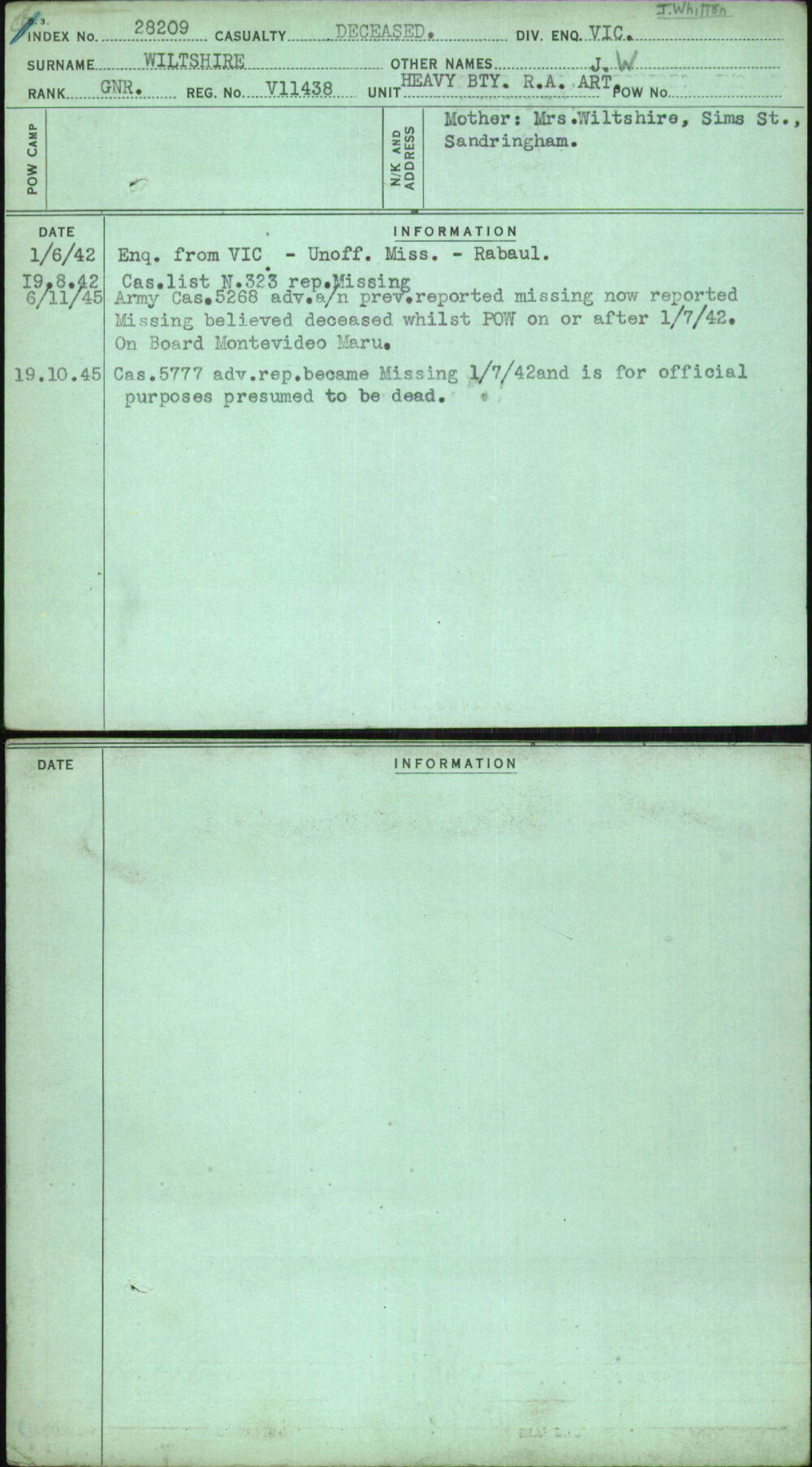 Wiltshire, J W, V11438