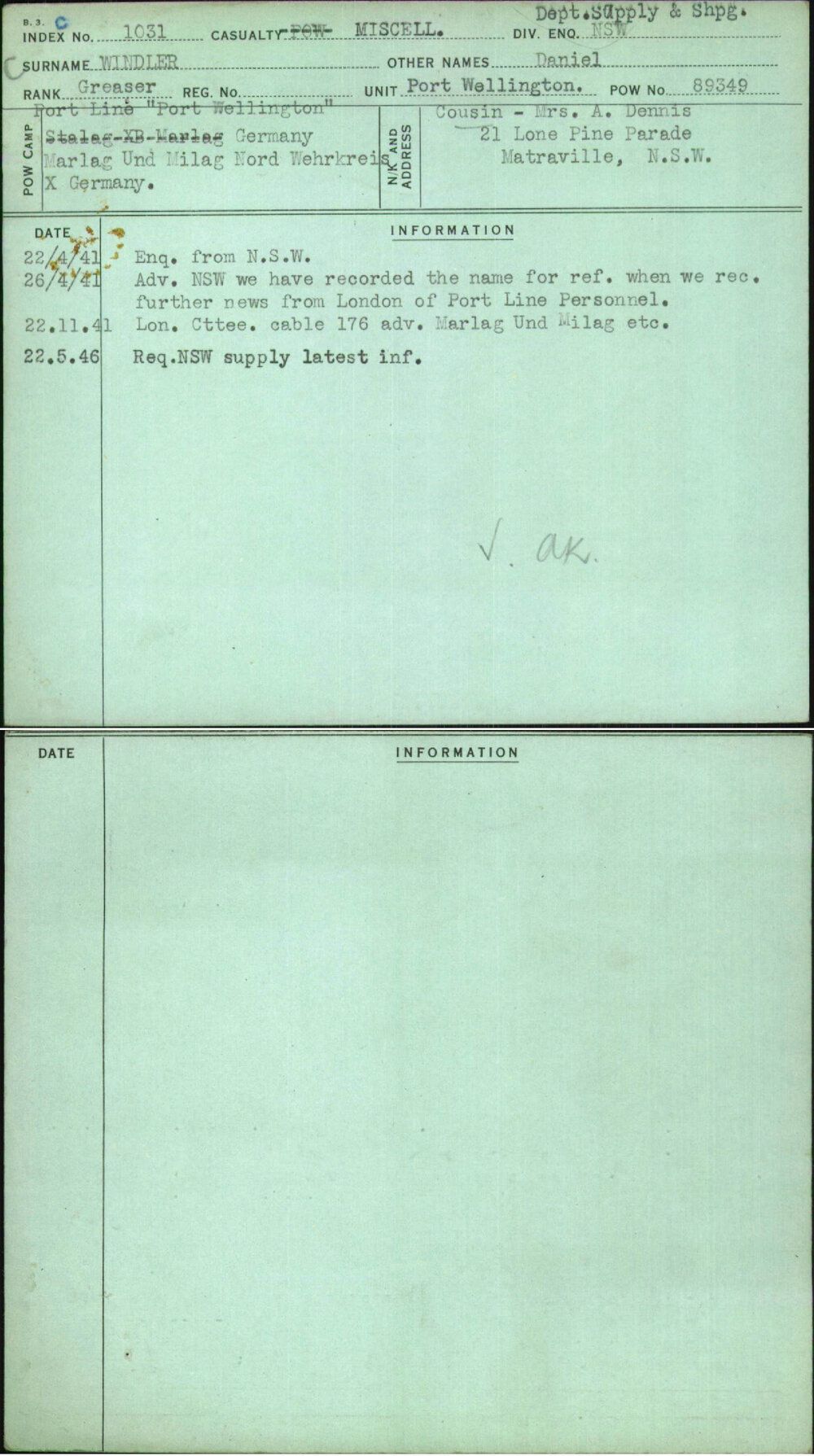 Windler, Daniel, [No Service Number]