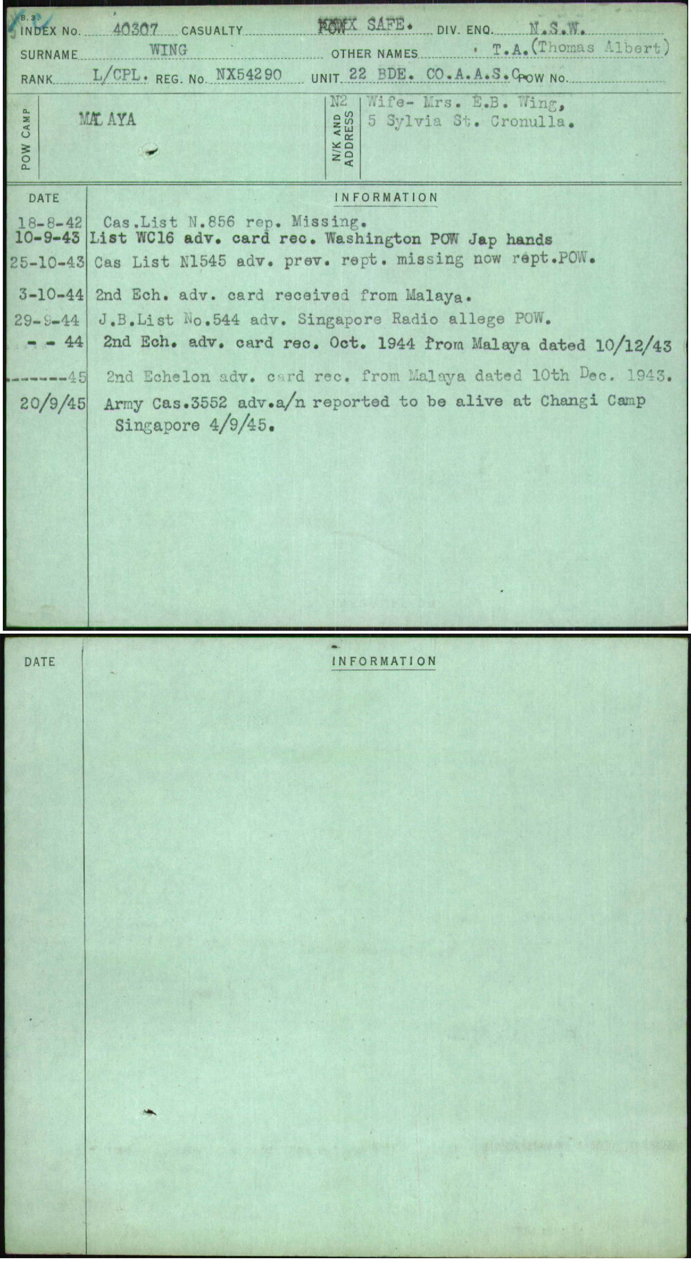 Wing, T A (Thomas Albert), NX54290