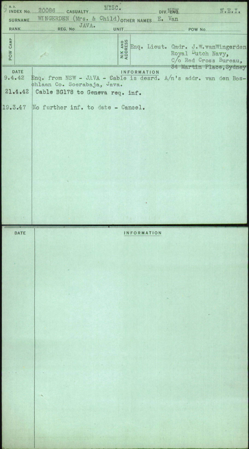 Wingerden (Mrs &amp; Child), E Van, [No Service Number]