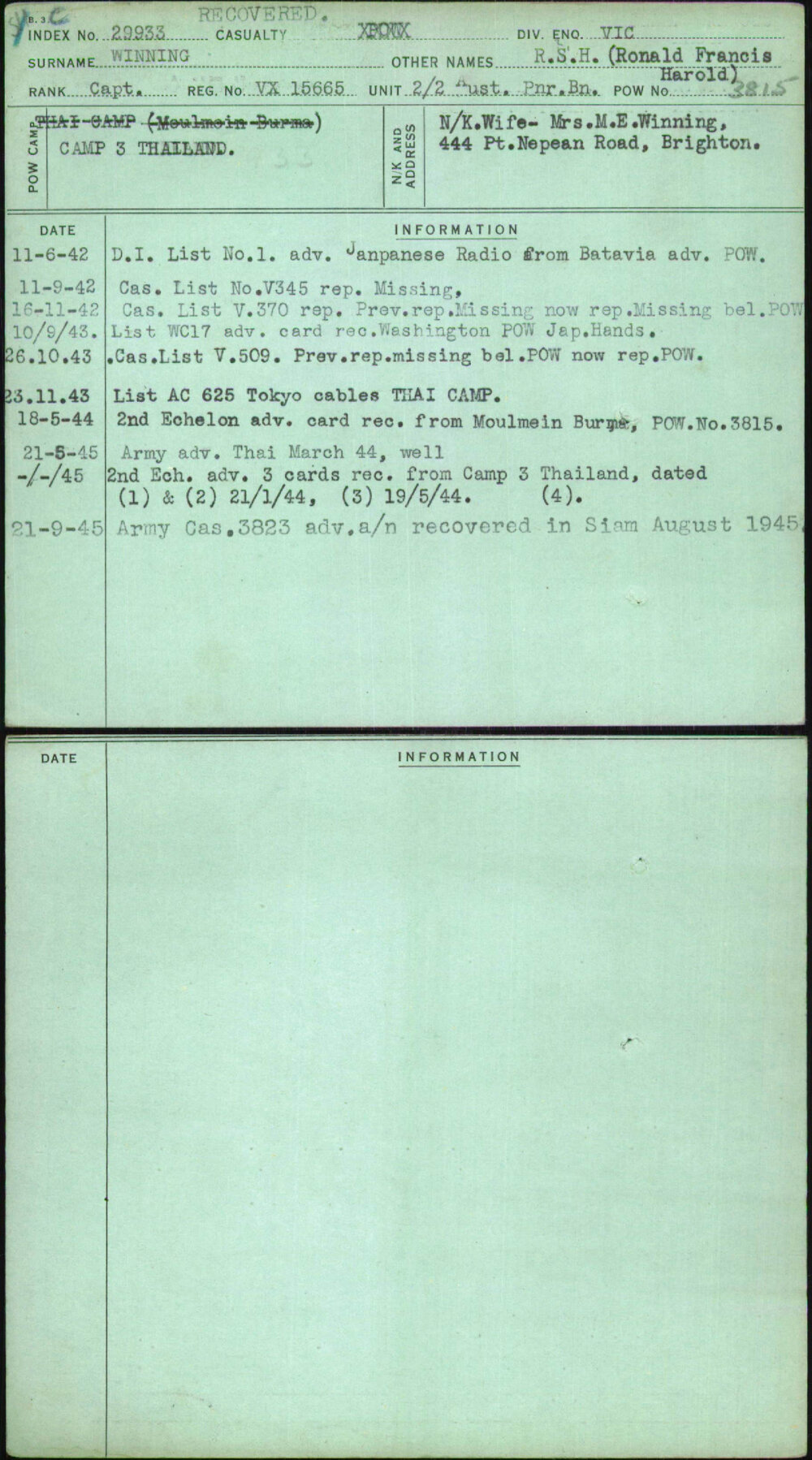 Winning, R S H (Ronald Francis Harold), VX15665