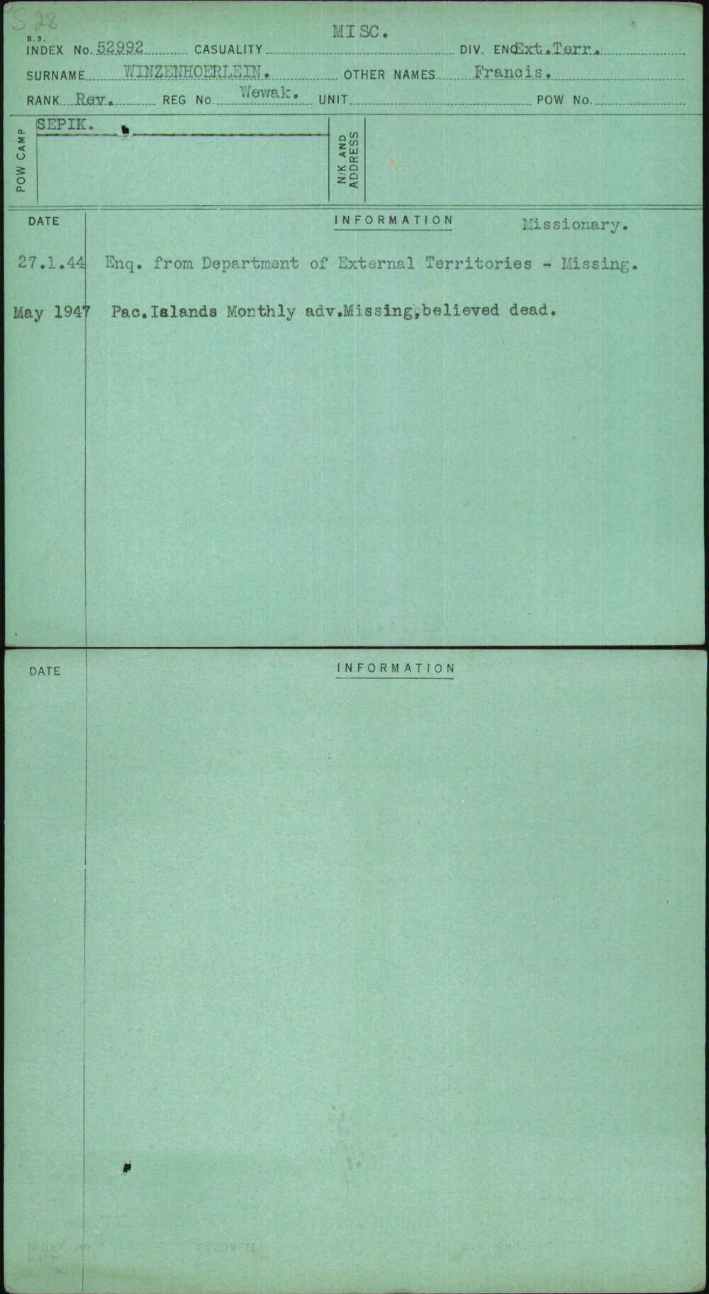 Winzenhoerlein, Francis, Wewak