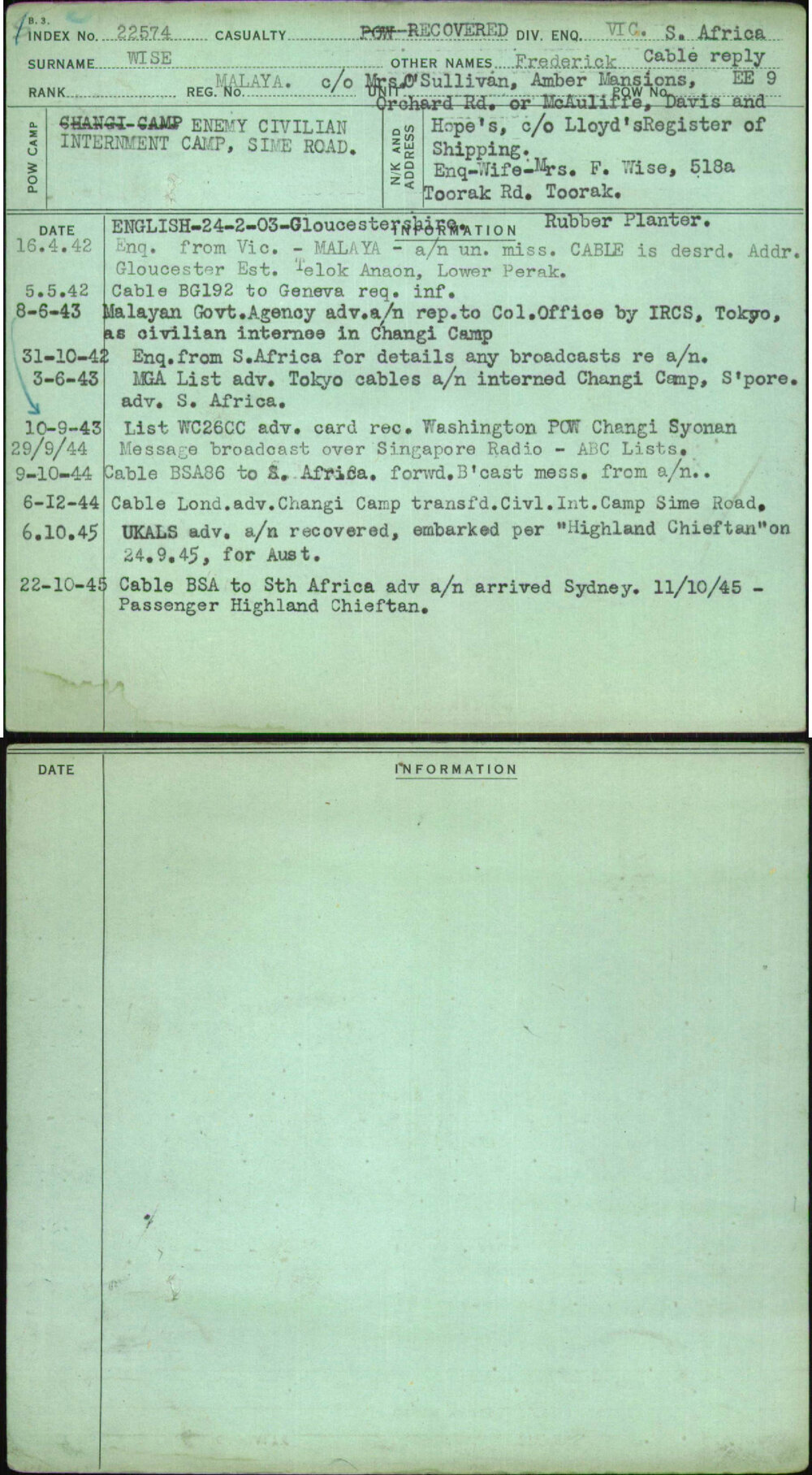 Wise, Frederick Cable Reply, [No Service Number]