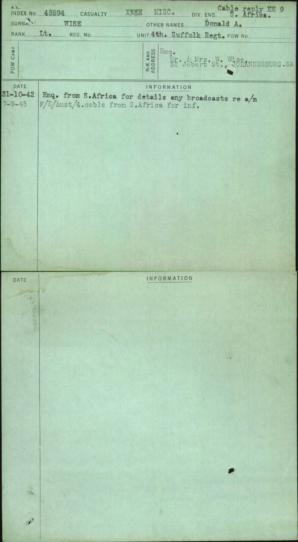 Wise, Donald A, [No Service Number]