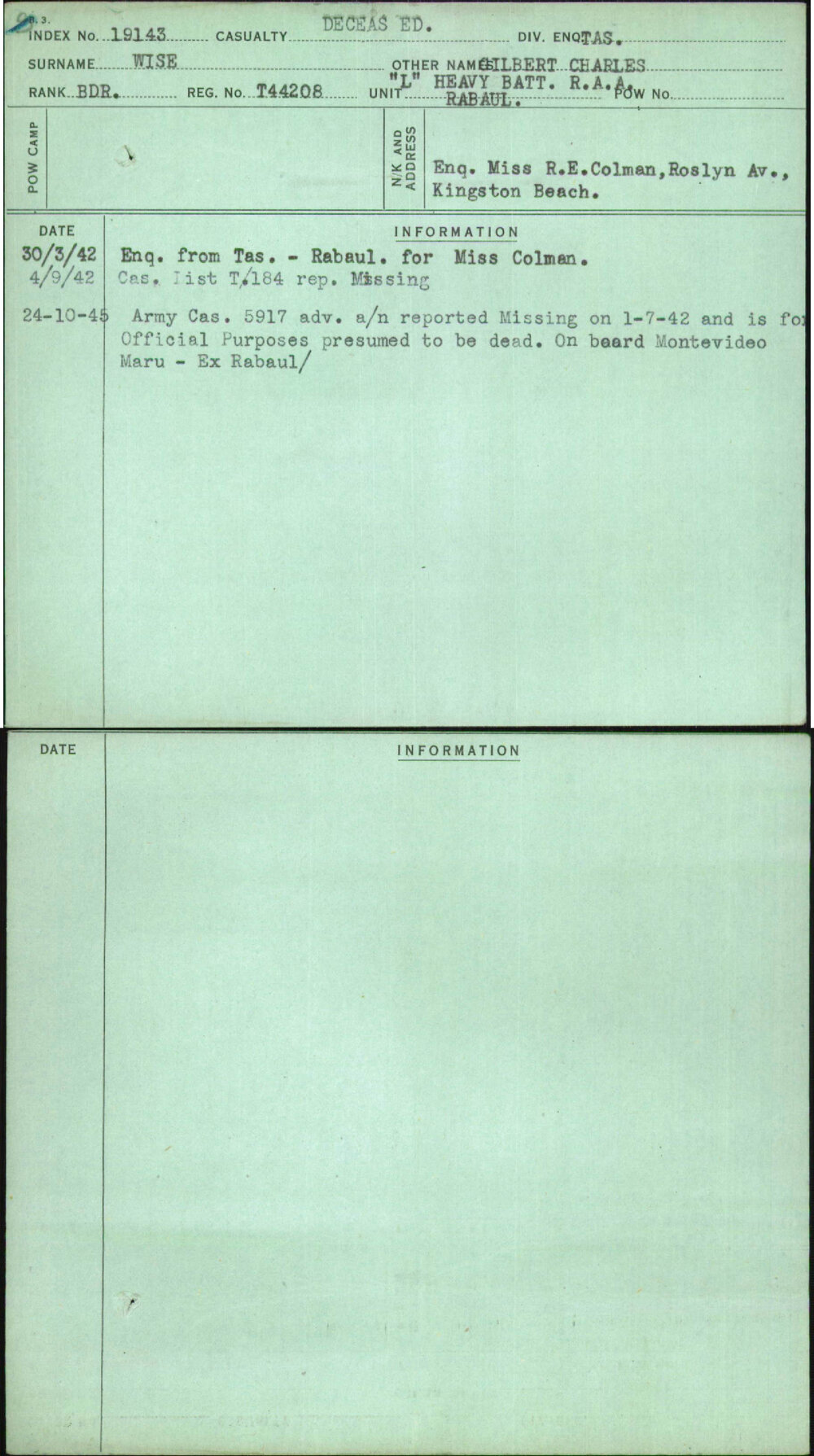 Wise, Gilbert Charles, T44208