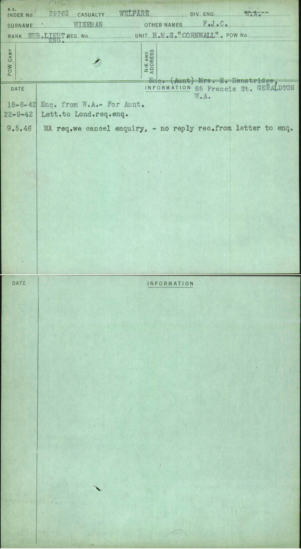 Wiseman, F J C, [No Service Number]