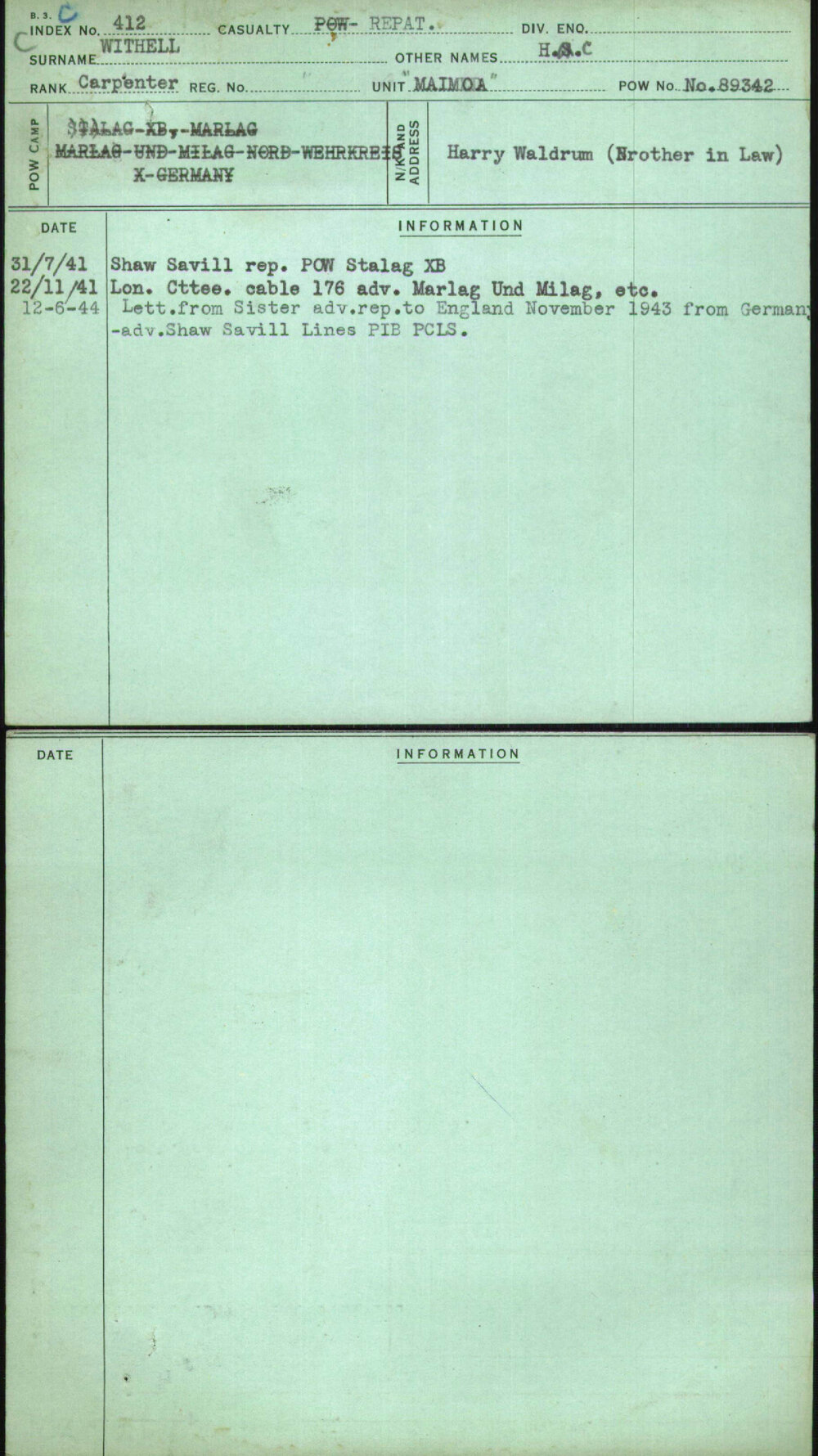 Withell, H C, [No Service Number]