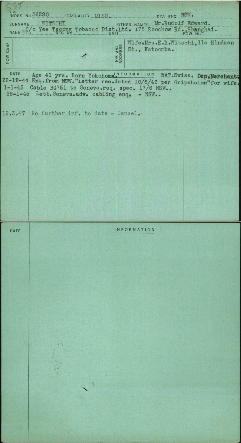 Witschi, Mr Rudolf Edward, [No Service Number]
