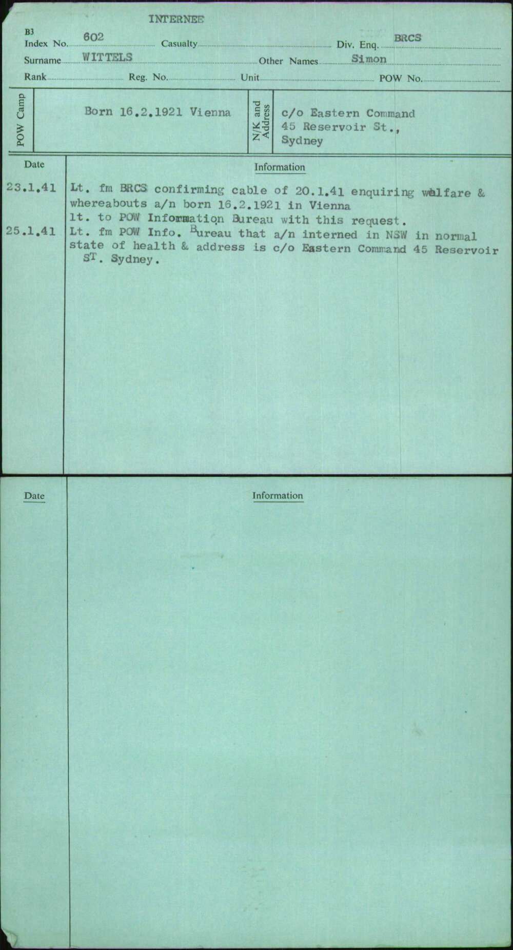 Wittels, Simon, [No Service Number]