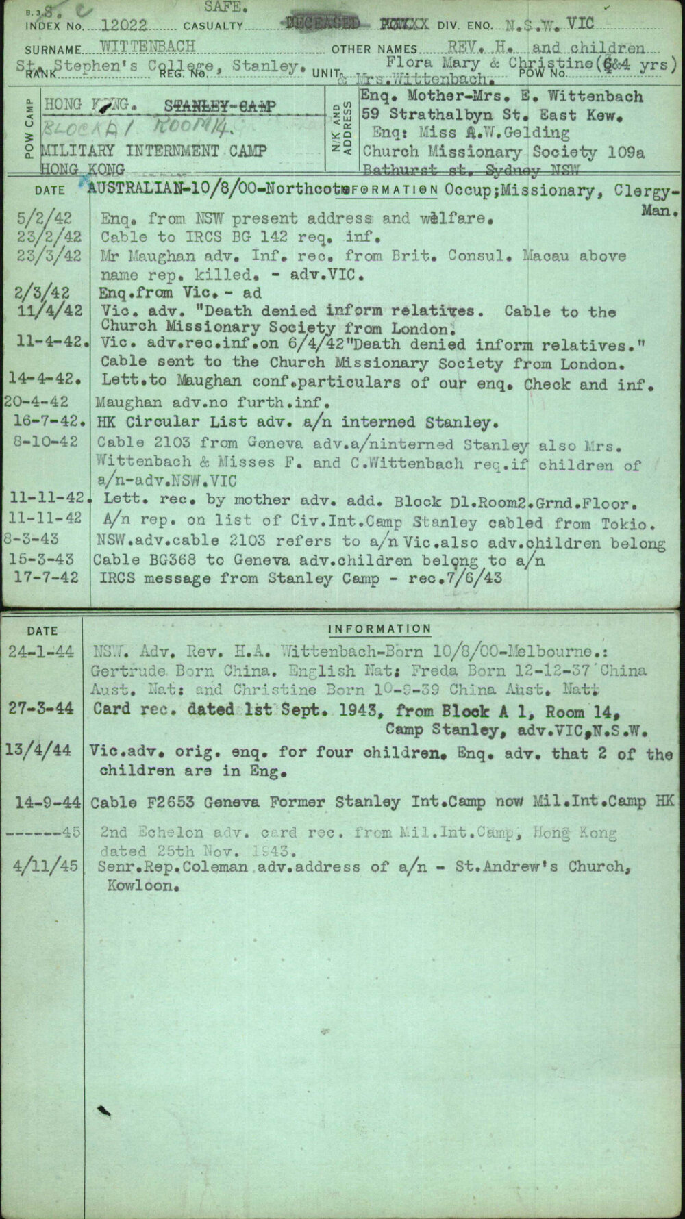 Wittenbach, Rev H And Children, [No Service Number]