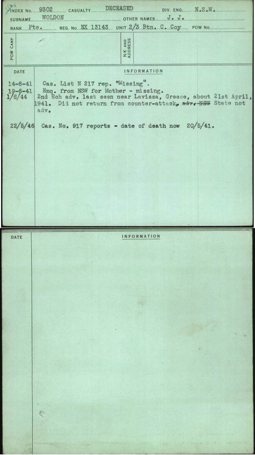 Woldon, J J, NX13143