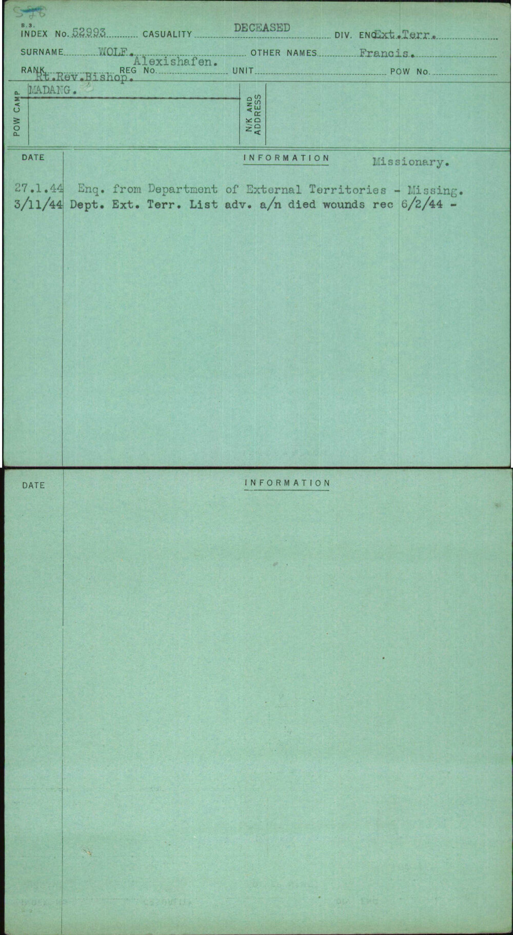 Wolf, Francis, Alexishafen