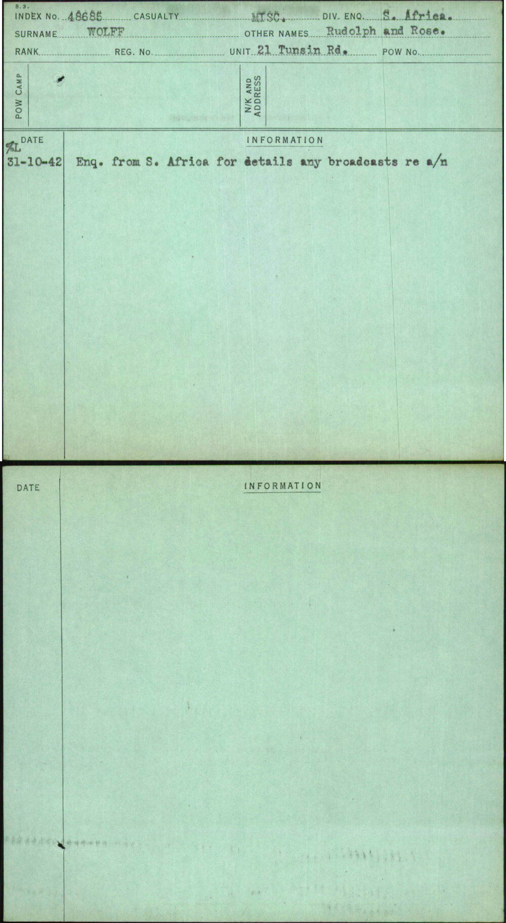 Wolff, Rudolph And Rose, [No Service Number]