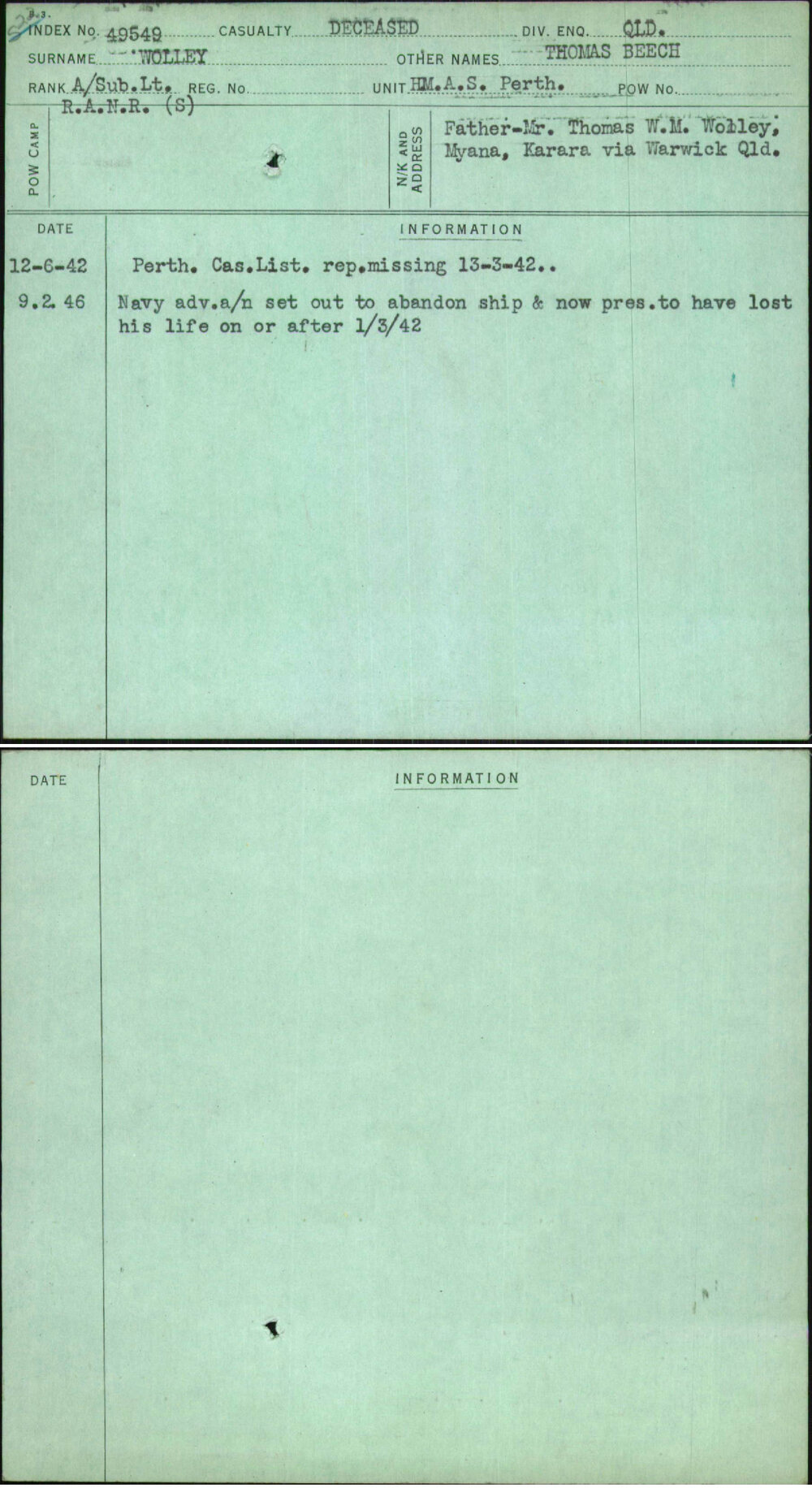 Wolley, Thomas Beech, [No Service Number]