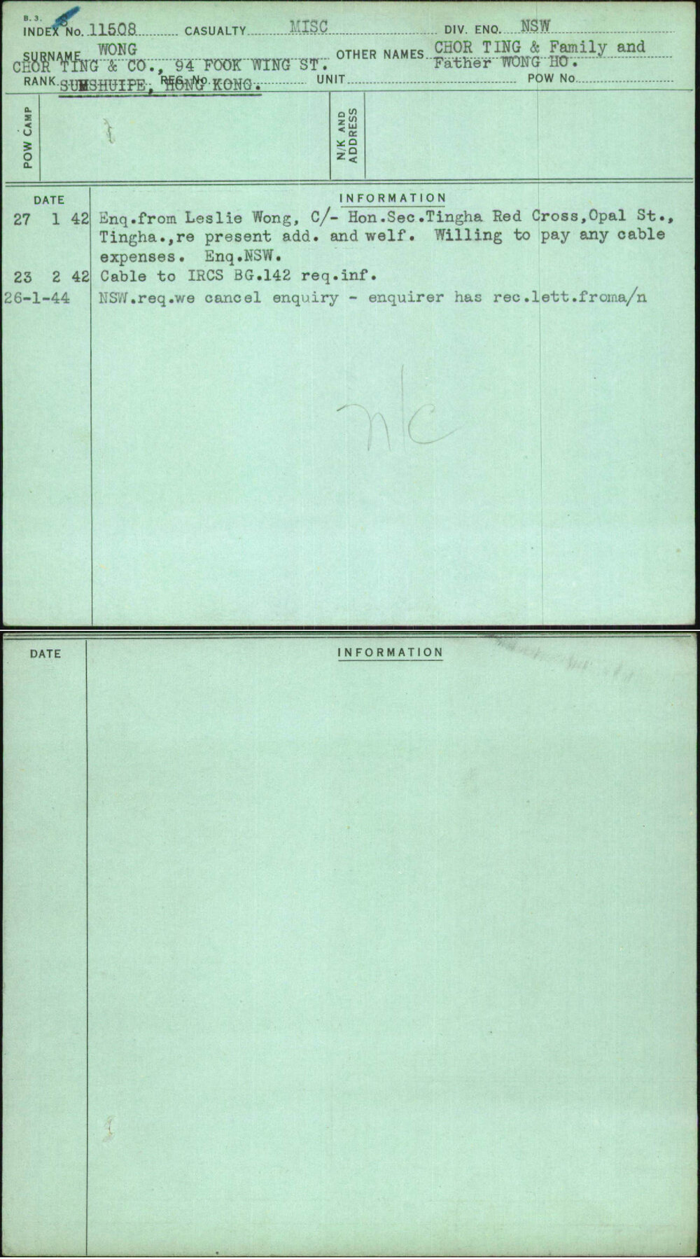 Wong, Chor Ting &amp; Family And Father Wong Ho, [No Service Number]