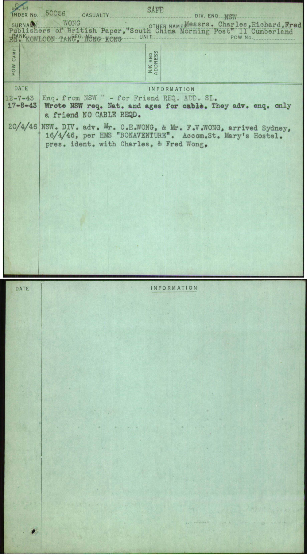 Wong, Messrs Charles Richard Fred, [No Service Number]