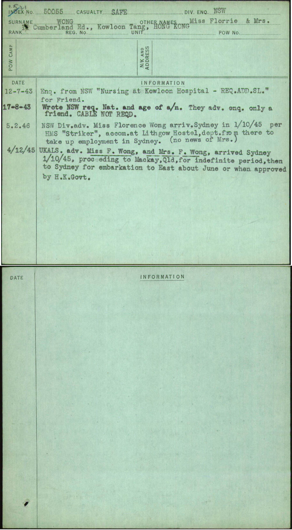 Wong, Miss Florrie &amp; Mrs, [No Service Number]