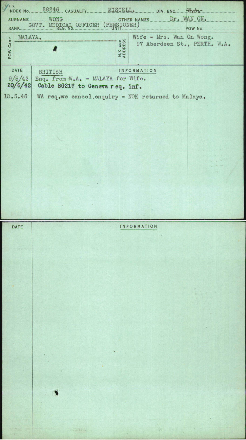 Wong, Dr Wan On, [No Service Number]