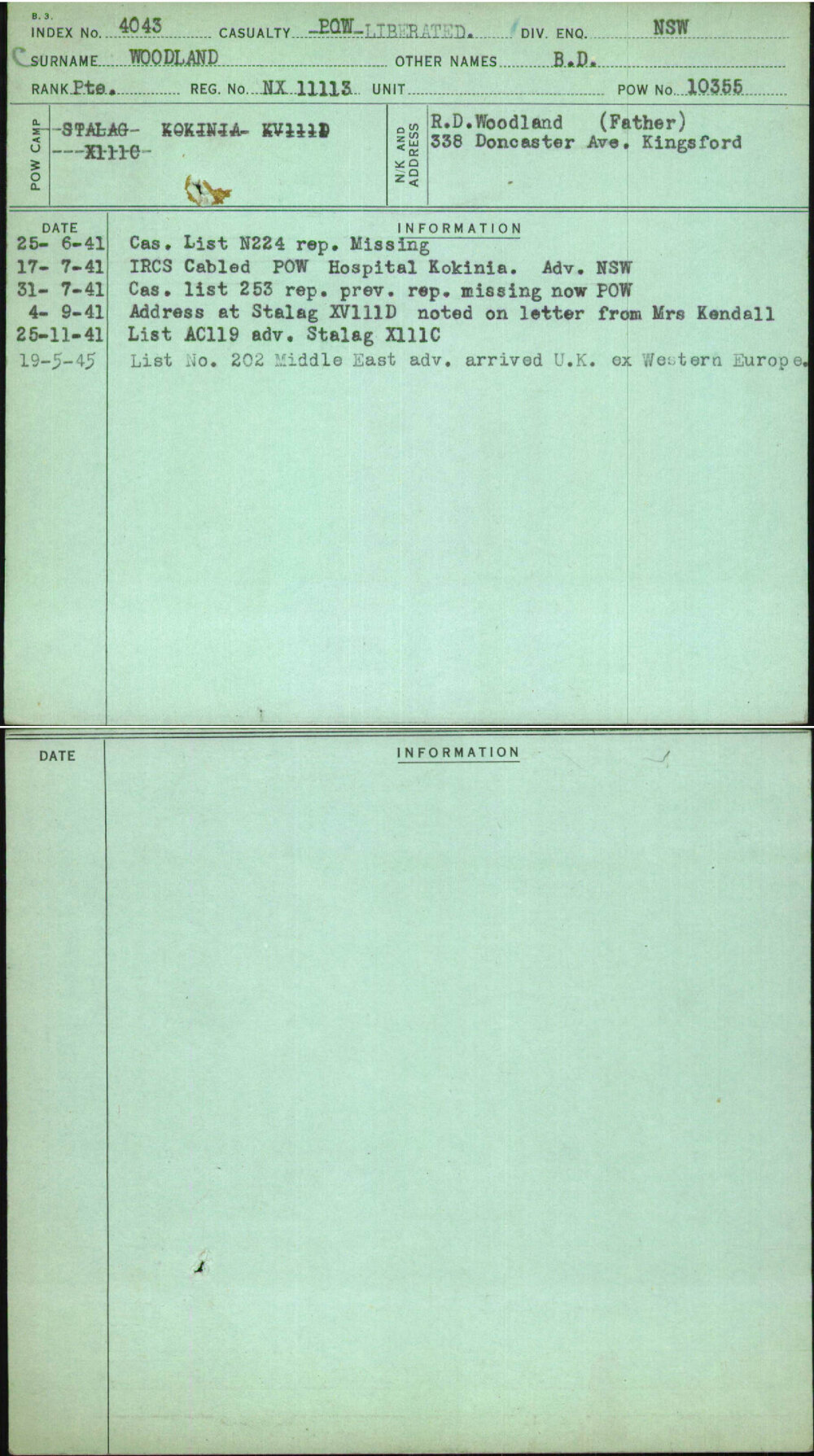 Woodland, B D, NX11113