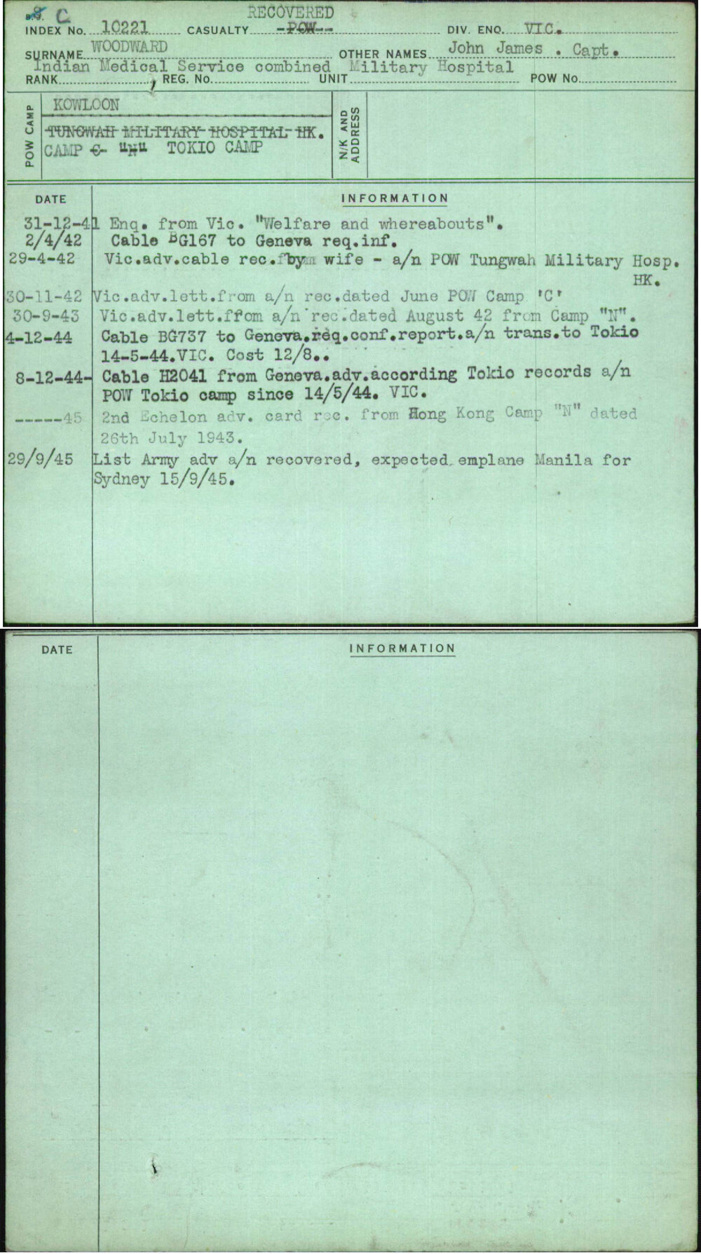 Woodward, John James Capt, [No Service Number]