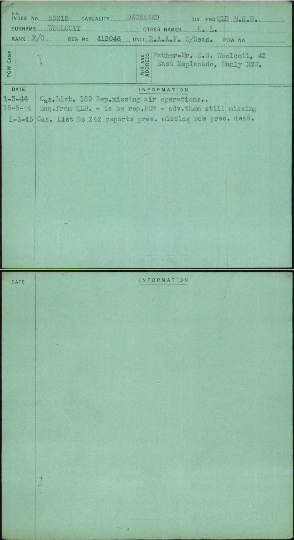 Woolcott, E L, 412046