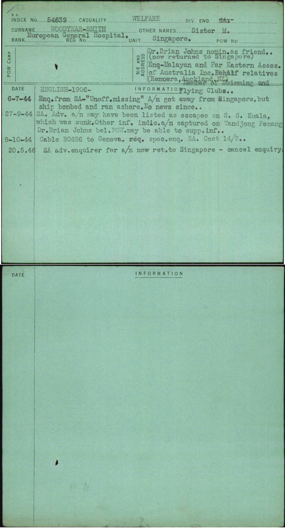 Woodyear-Smith, Sister M, [No Service Number]