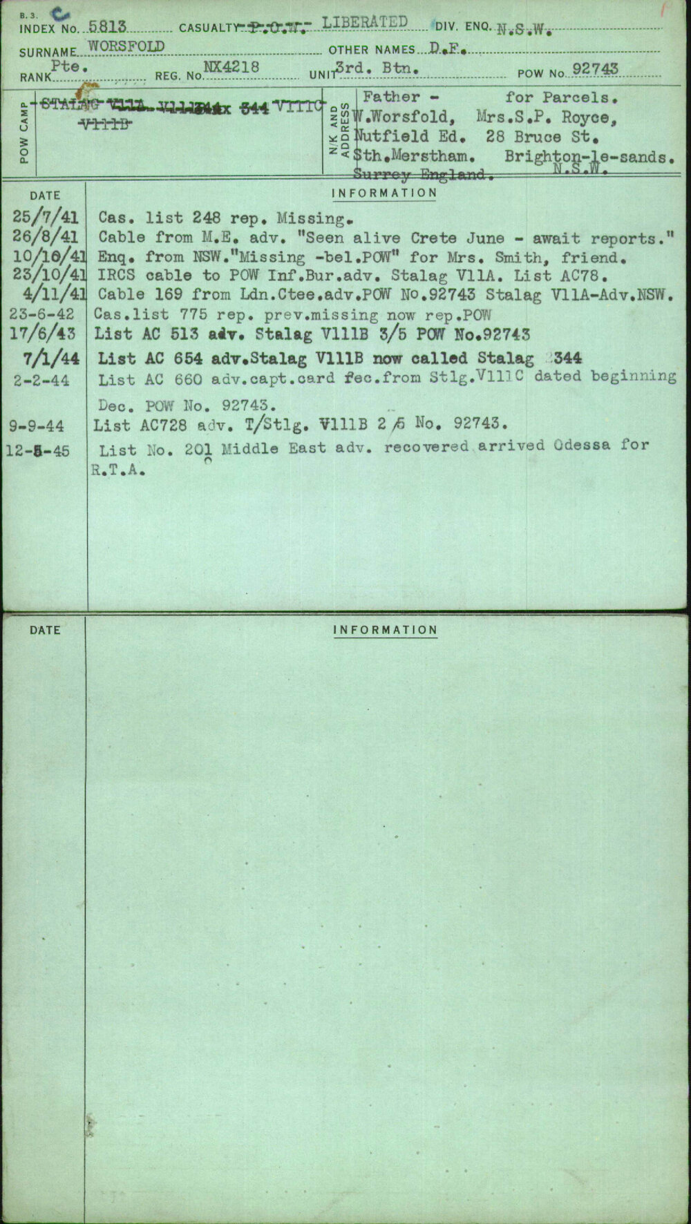Worsfold, D F, NX4218