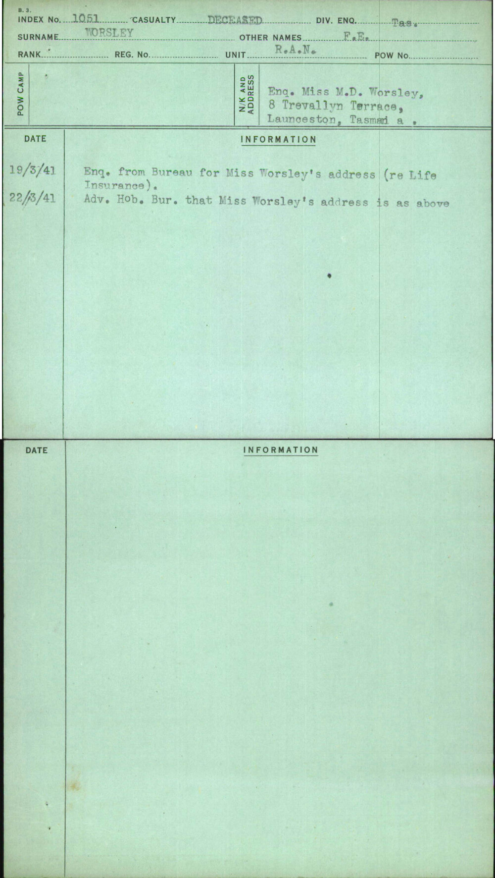 Worsley, F E, [No Service Number]