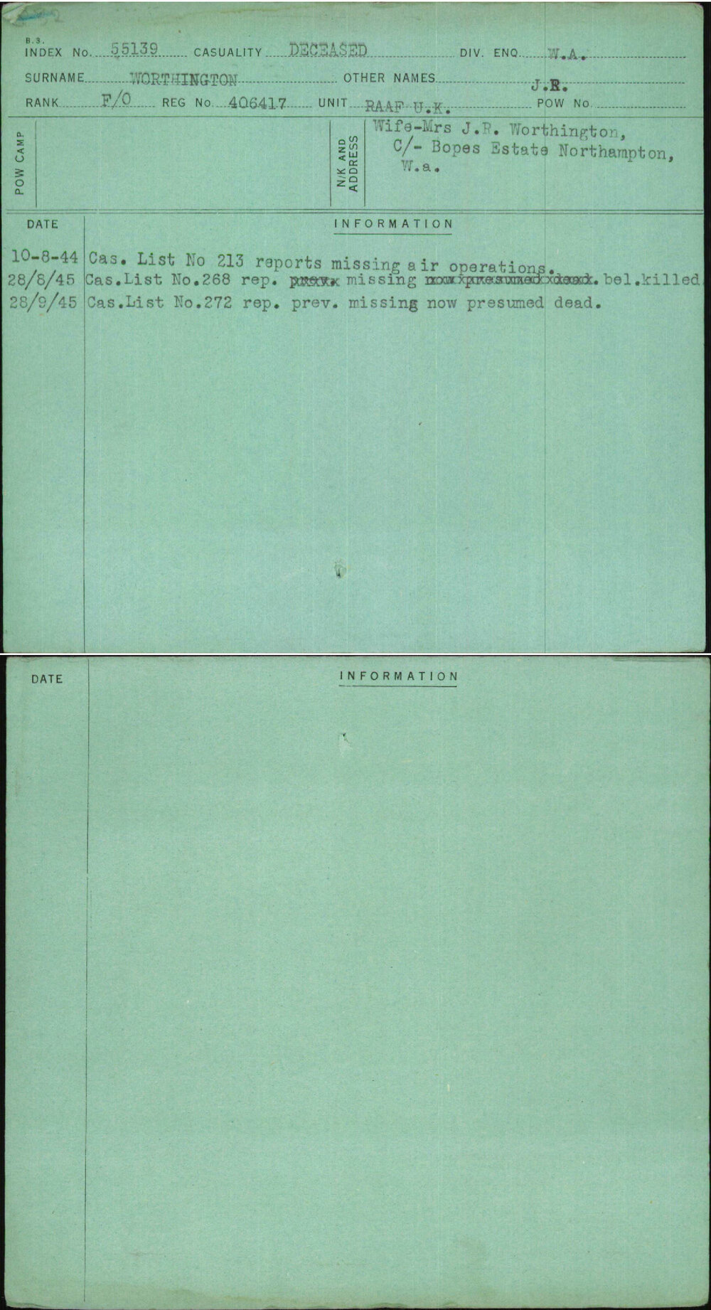 Worthington, J R, 406417