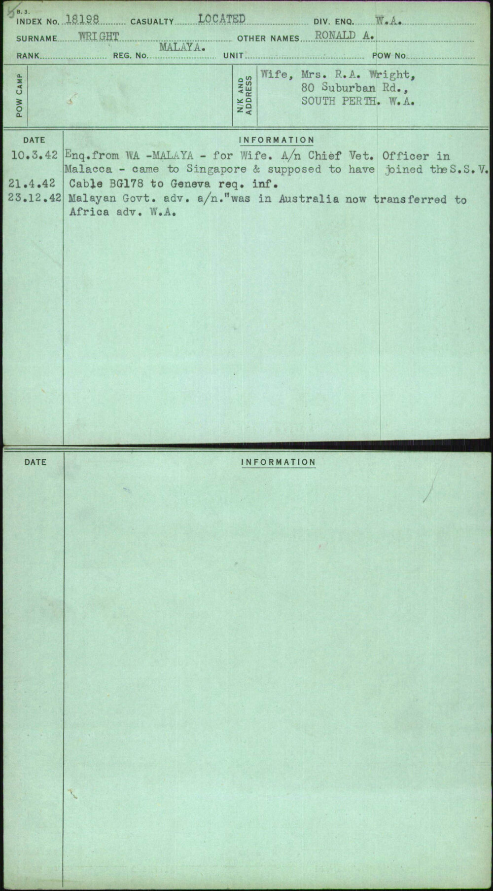 Wright, Ronald A, Malaya