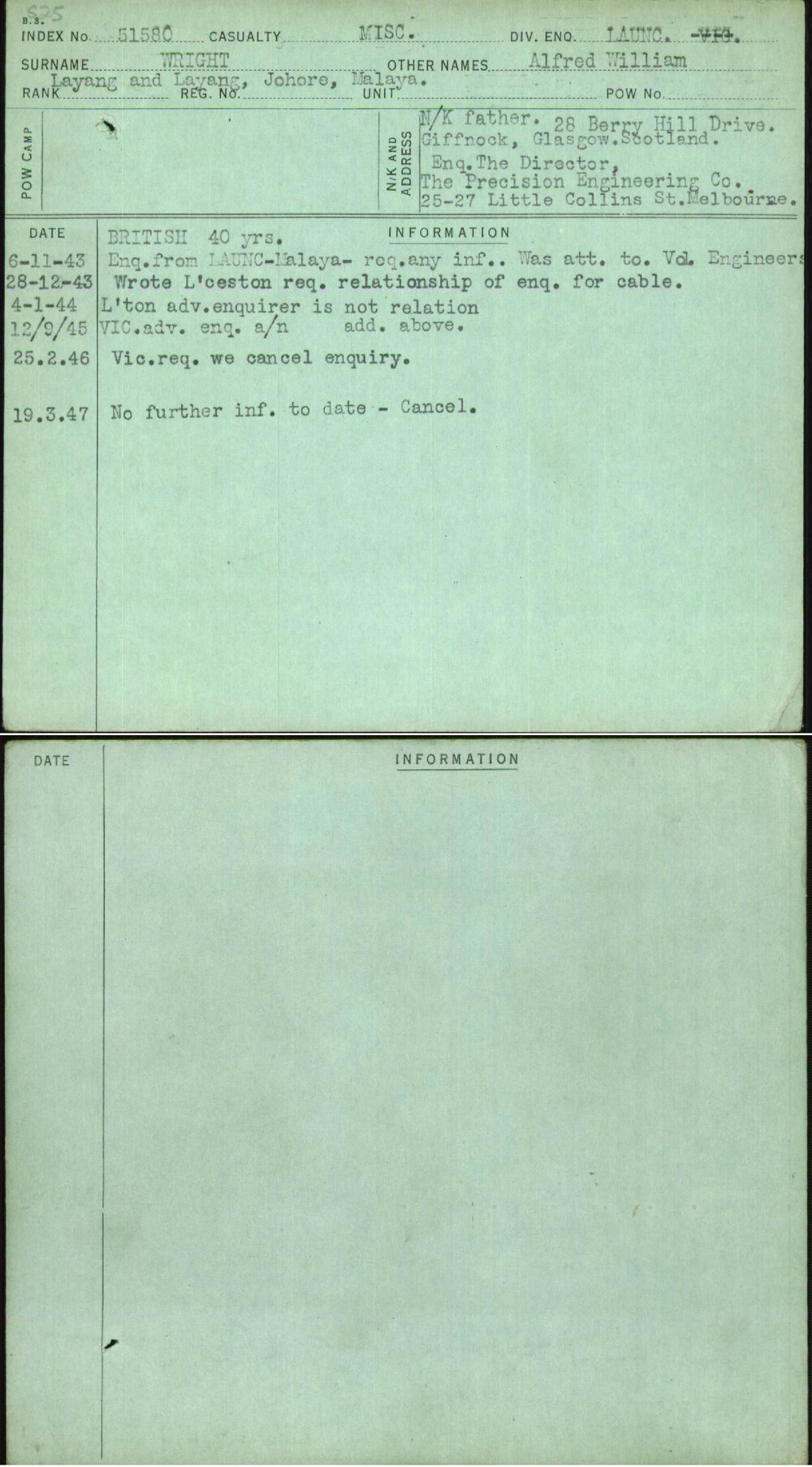 Wright, Alfred William, [No Service Number]