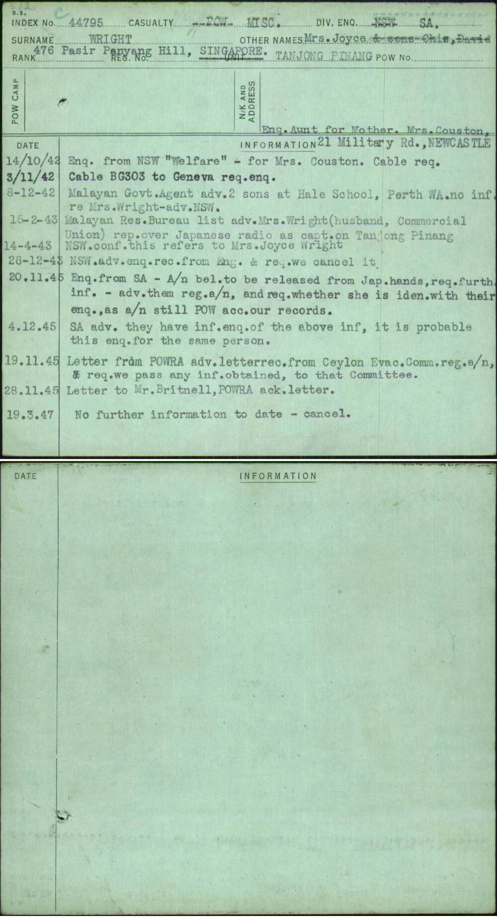 Wright, Mrs Joyce, [No Service Number]