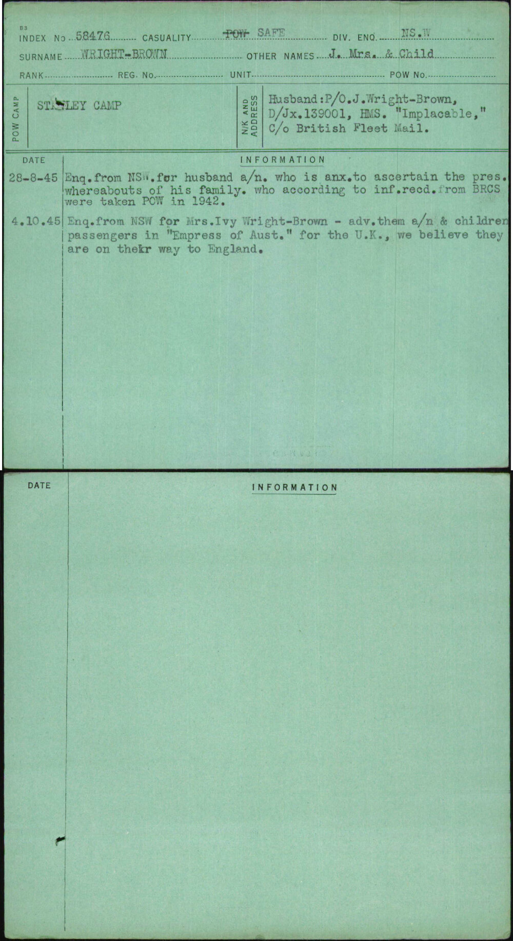 Wright-Brown, J Mrs &amp; Child, [No Service Number]