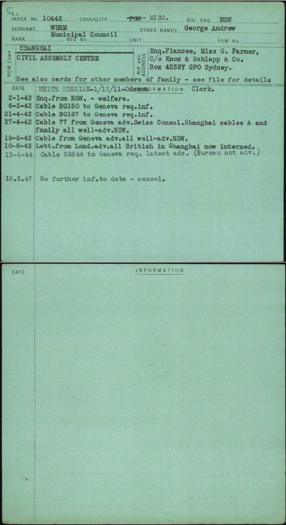 Wurm, George Andrew, [No Service Number]