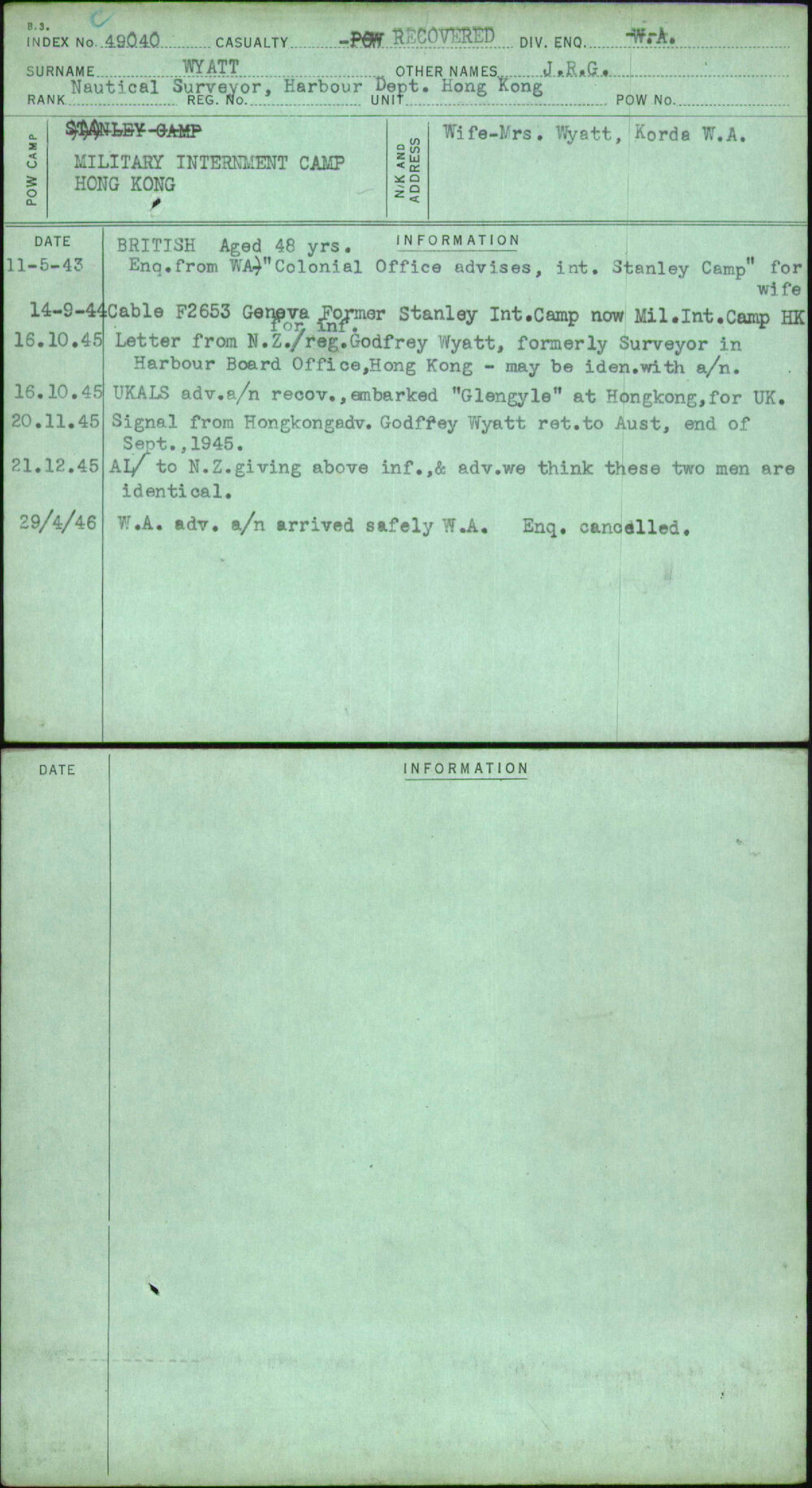 Wyatt, J R G, [No Service Number]