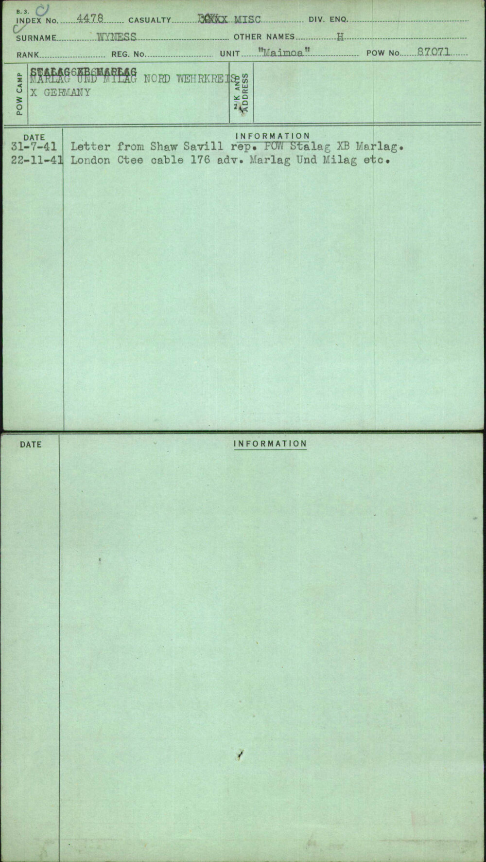 Wyness, H, [No Service Number]
