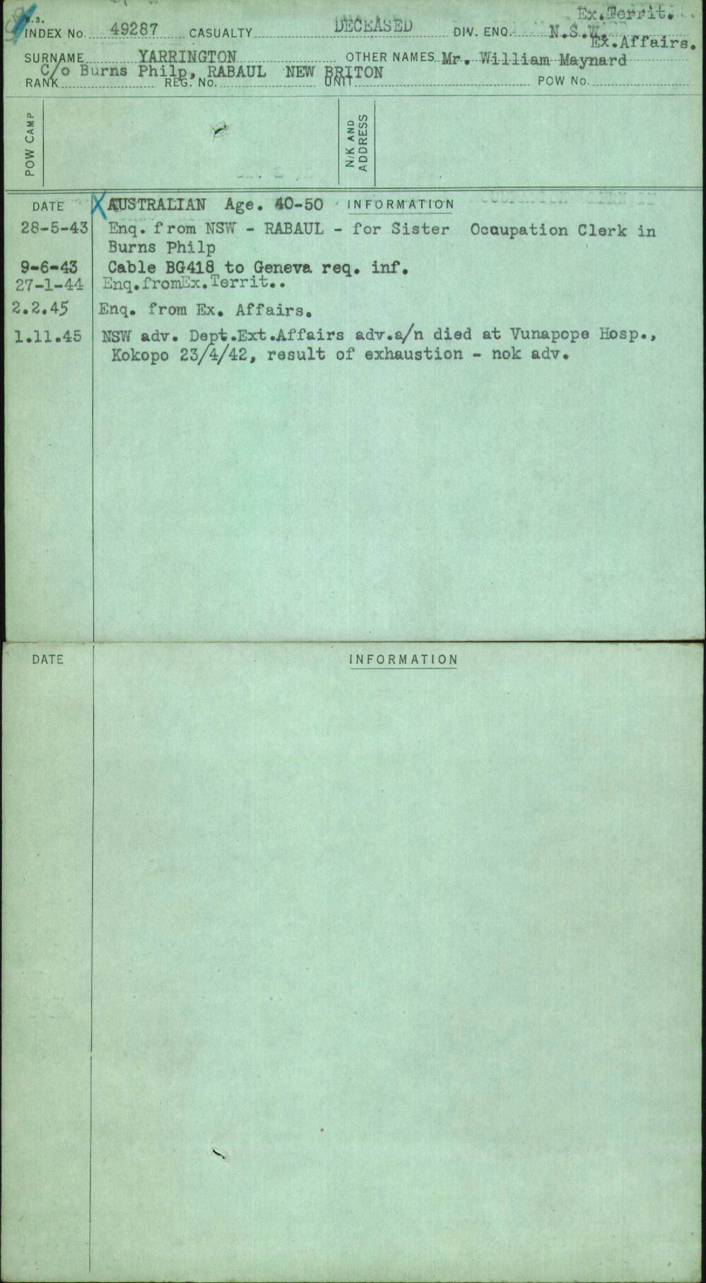 Yarrington, Mr William Maynard, [No Service Number]