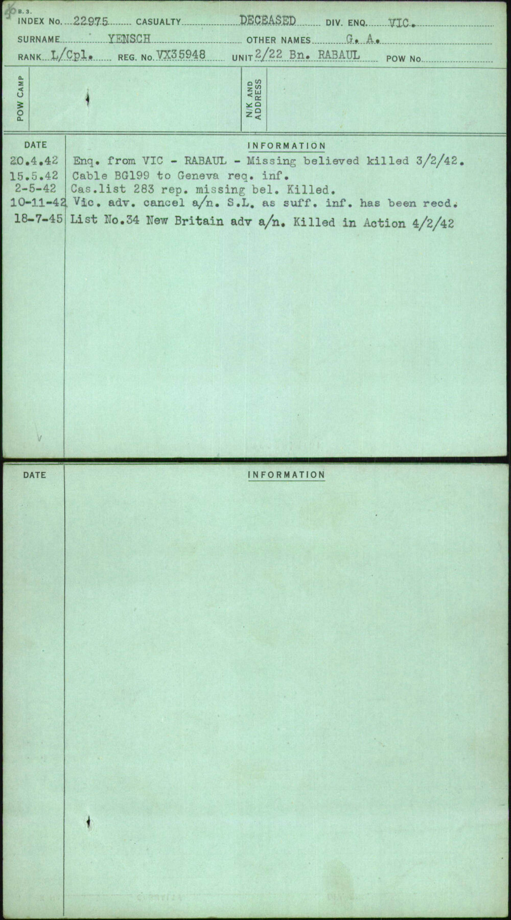 Yensch, G A, VX35948