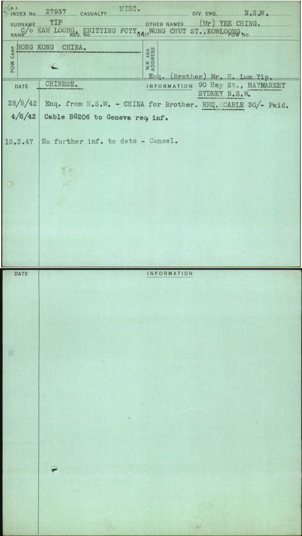 Yip, (Mr) Yee Ching, [No Service Number]