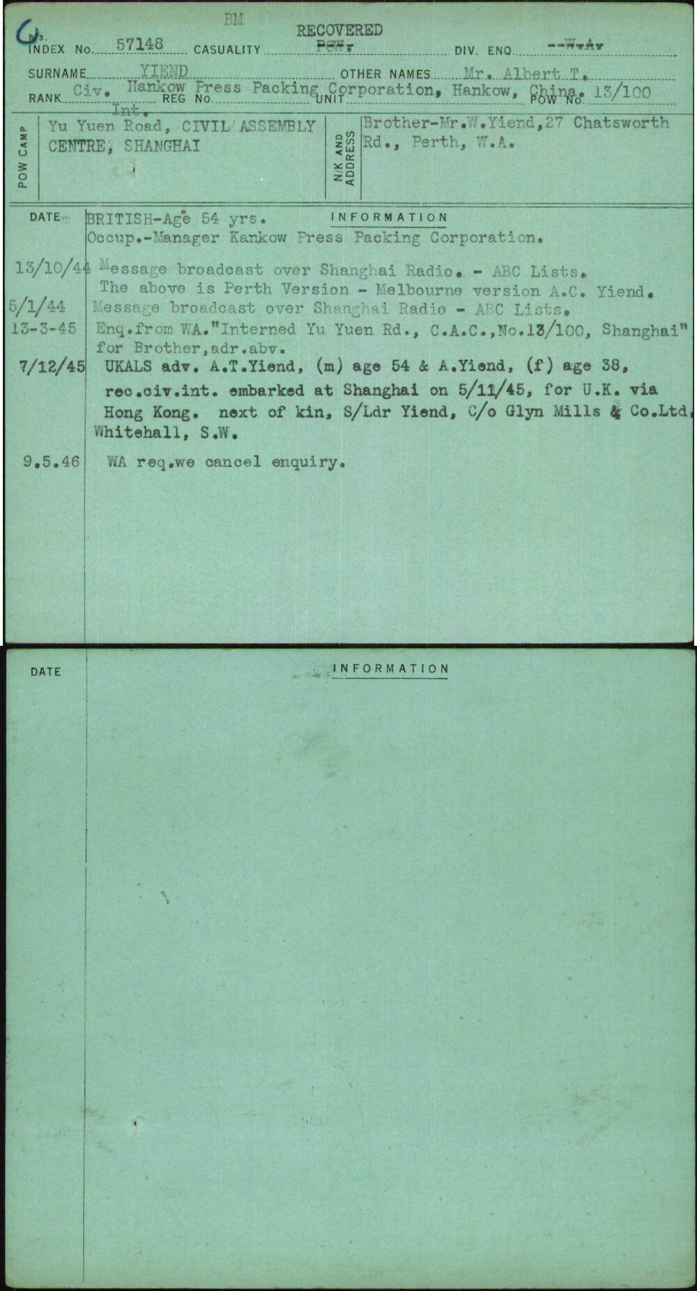 Yiend, Mr Albert T, [No Service Number]