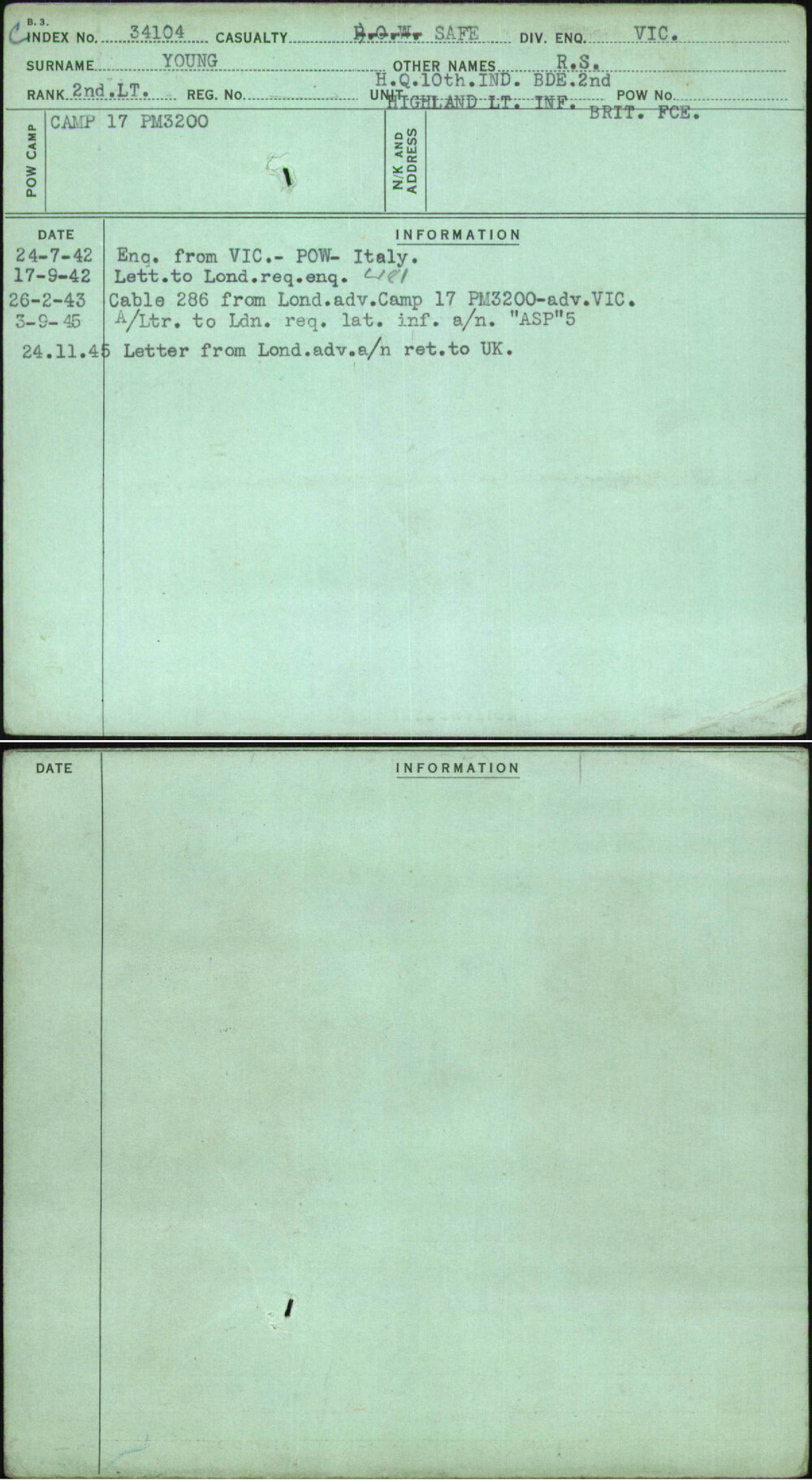 Young, R S, [No Service Number]