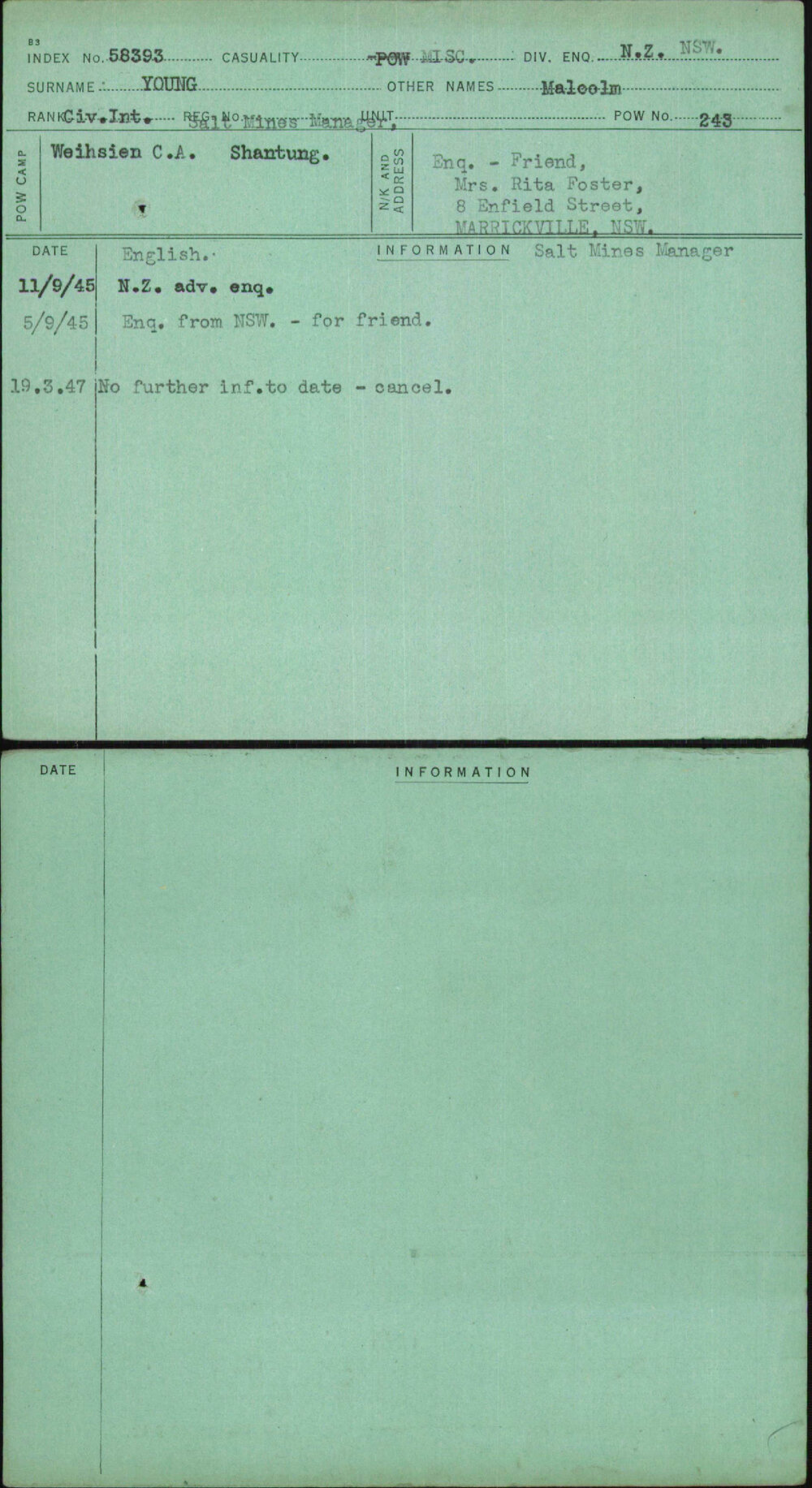 Young, Maloolm, [No Service Number]